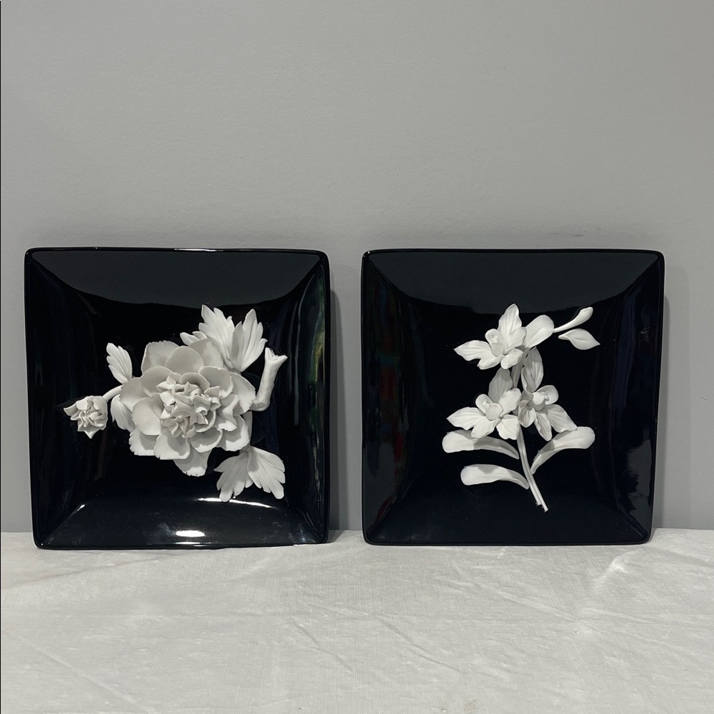 Decorative 3D floral porcelain ceramic wall plaques plates 9” square